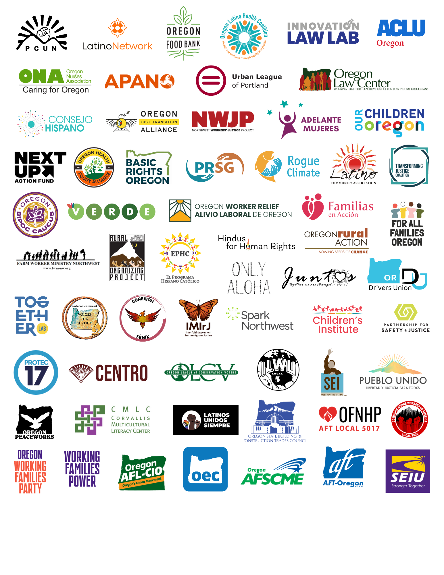 Logos de la coalición: PCUN, Latino Network, Oregon Food Bank, Innovation Law Lab, ACLU of Oregon, Oregon Law Center, y muchas más organizaciones que apoyan el Paquete de Justicia para Inmigrantes 2026